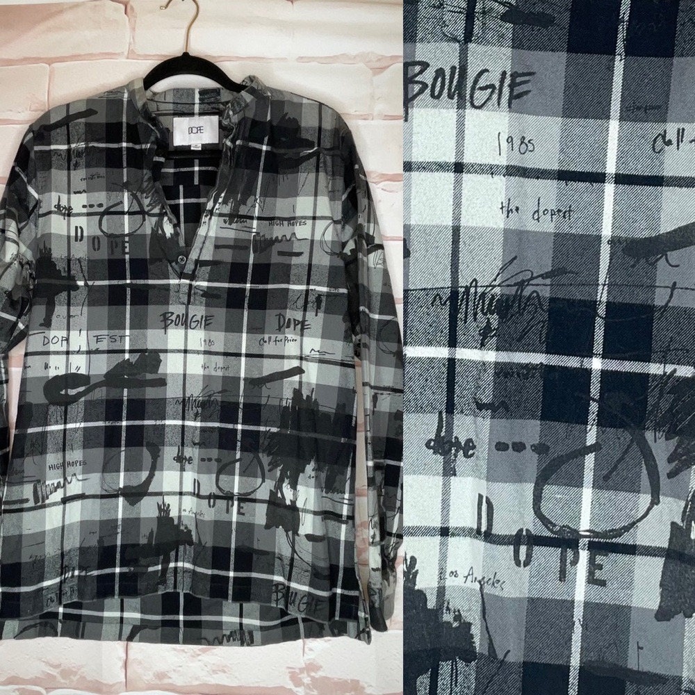 Dope Size M Black Gray Pullover 1/4 Button Flannel Confetti Bougie Top